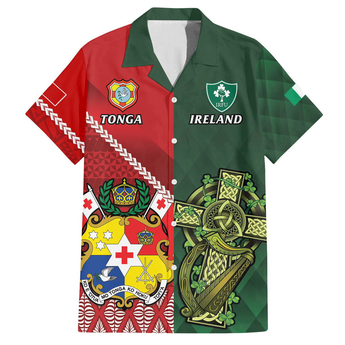 Custom Tonga And Ireland Rugby Family Matching Off The Shoulder Long Sleeve Dress and Hawaiian Shirt Ikale Tahi With Shamrocks LT14 Dad's Shirt - Short Sleeve Red - Polynesian Pride