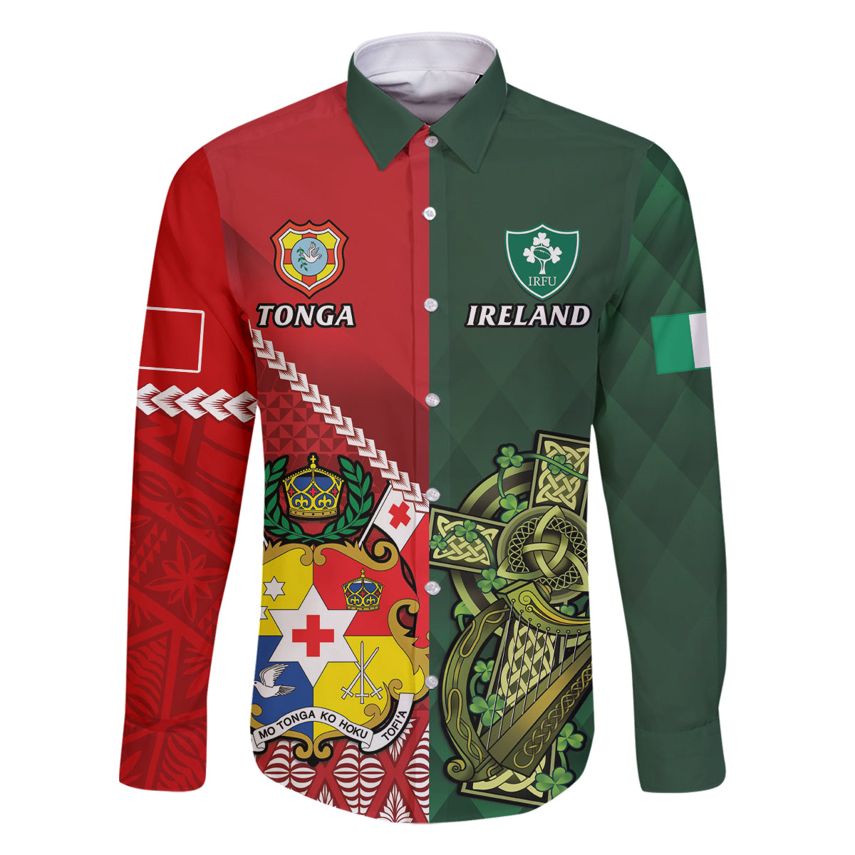 Custom Tonga And Ireland Rugby Family Matching Off The Shoulder Long Sleeve Dress and Hawaiian Shirt Ikale Tahi With Shamrocks LT14 Dad's Shirt - Long Sleeve Red - Polynesian Pride
