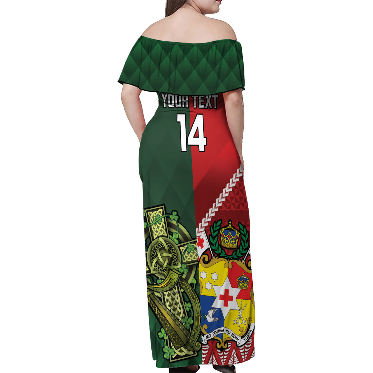 Custom Tonga And Ireland Rugby Family Matching Off Shoulder Maxi Dress and Hawaiian Shirt Ikale Tahi With Shamrocks LT14 - Polynesian Pride