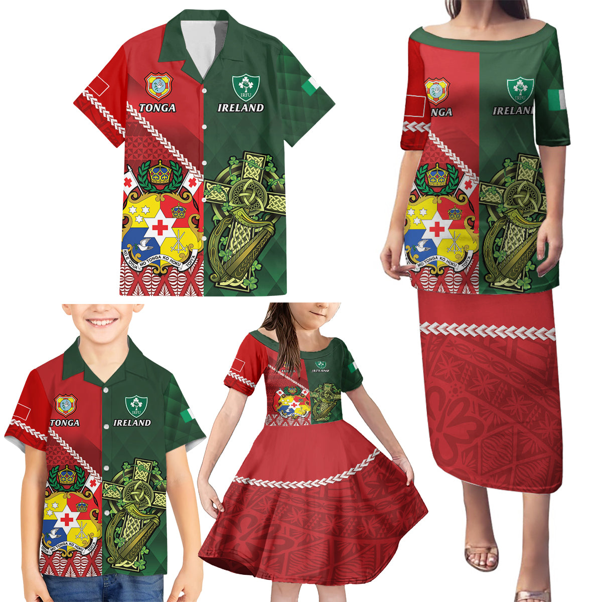 Custom Tonga And Ireland Rugby Family Matching Puletasi and Hawaiian Shirt Ikale Tahi With Shamrocks LT14 - Polynesian Pride