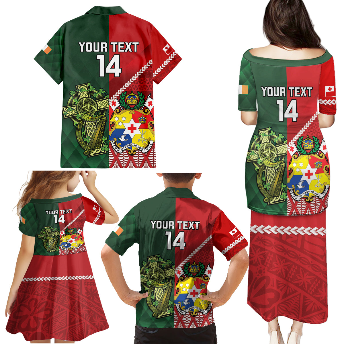 Custom Tonga And Ireland Rugby Family Matching Puletasi and Hawaiian Shirt Ikale Tahi With Shamrocks LT14 - Polynesian Pride