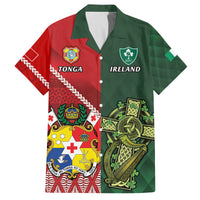 Custom Tonga And Ireland Rugby Family Matching Puletasi and Hawaiian Shirt Ikale Tahi With Shamrocks LT14 Dad's Shirt - Short Sleeve Red - Polynesian Pride