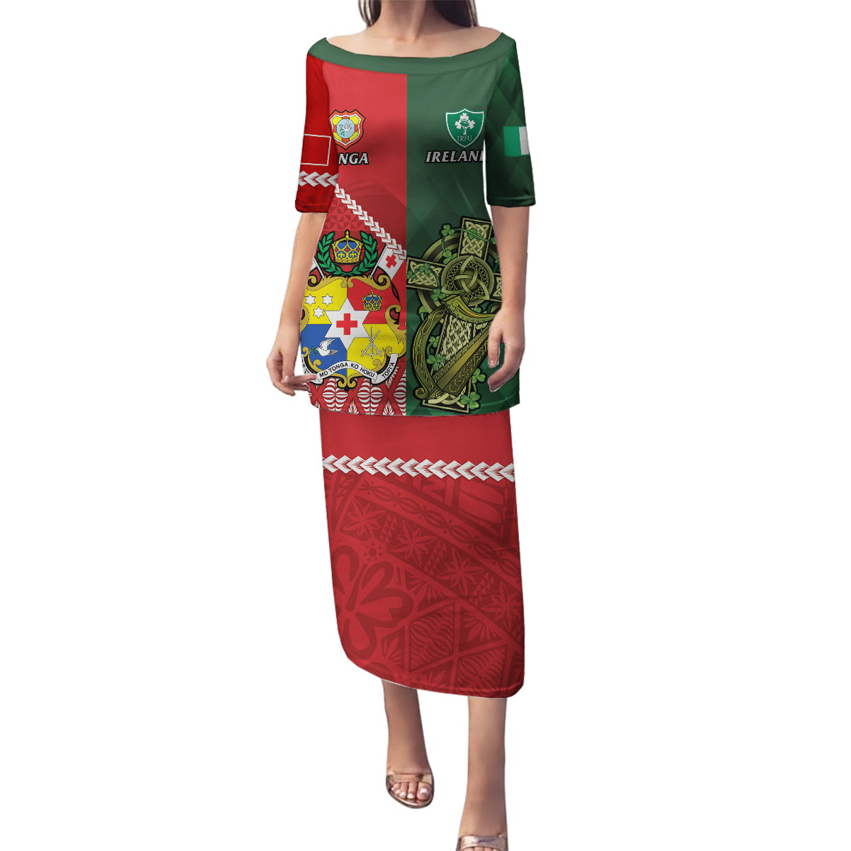 Custom Tonga And Ireland Rugby Family Matching Puletasi and Hawaiian Shirt Ikale Tahi With Shamrocks LT14 Mom's Dress Red - Polynesian Pride