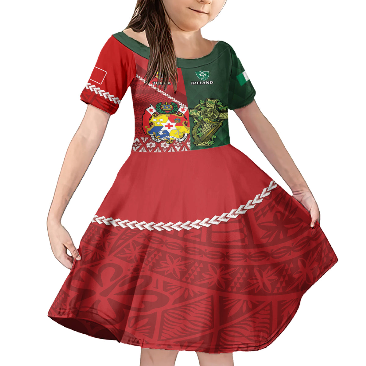 Custom Tonga And Ireland Rugby Family Matching Short Sleeve Bodycon Dress and Hawaiian Shirt Ikale Tahi With Shamrocks LT14 Daughter's Dress Red - Polynesian Pride