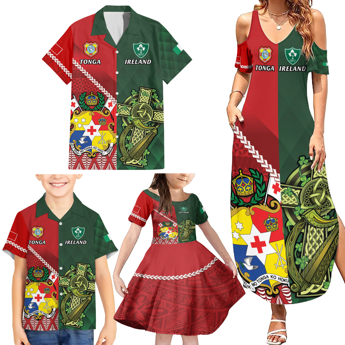 Custom Tonga And Ireland Rugby Family Matching Summer Maxi Dress and Hawaiian Shirt Ikale Tahi With Shamrocks LT14 - Polynesian Pride