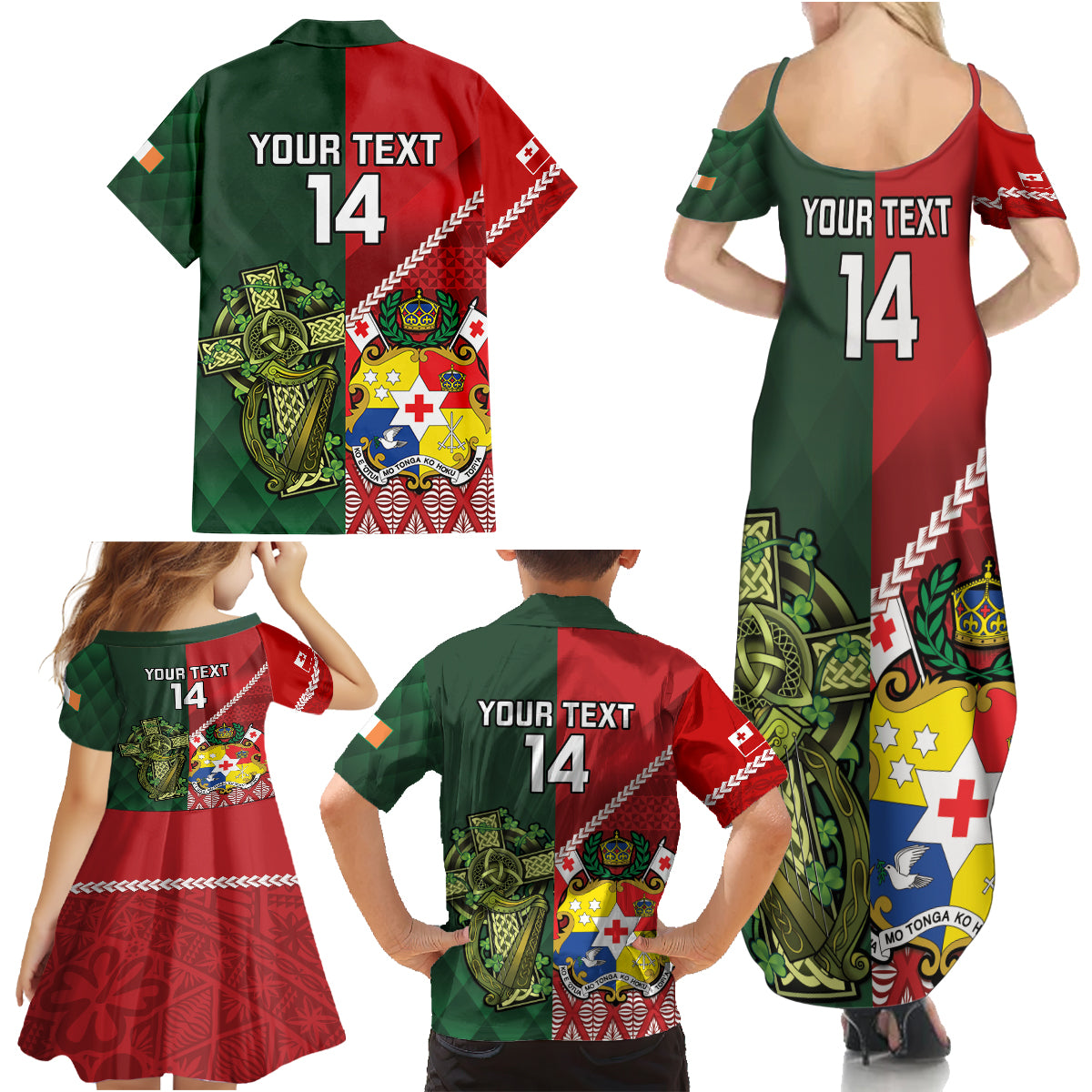 Custom Tonga And Ireland Rugby Family Matching Summer Maxi Dress and Hawaiian Shirt Ikale Tahi With Shamrocks LT14 - Polynesian Pride