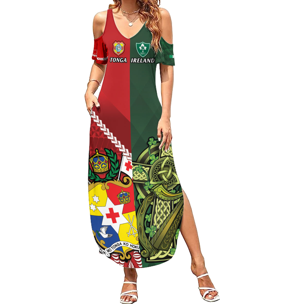 Custom Tonga And Ireland Rugby Family Matching Summer Maxi Dress and Hawaiian Shirt Ikale Tahi With Shamrocks LT14 Mom's Dress Red - Polynesian Pride
