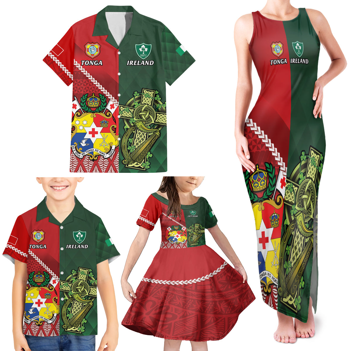 Custom Tonga And Ireland Rugby Family Matching Tank Maxi Dress and Hawaiian Shirt Ikale Tahi With Shamrocks LT14 - Polynesian Pride