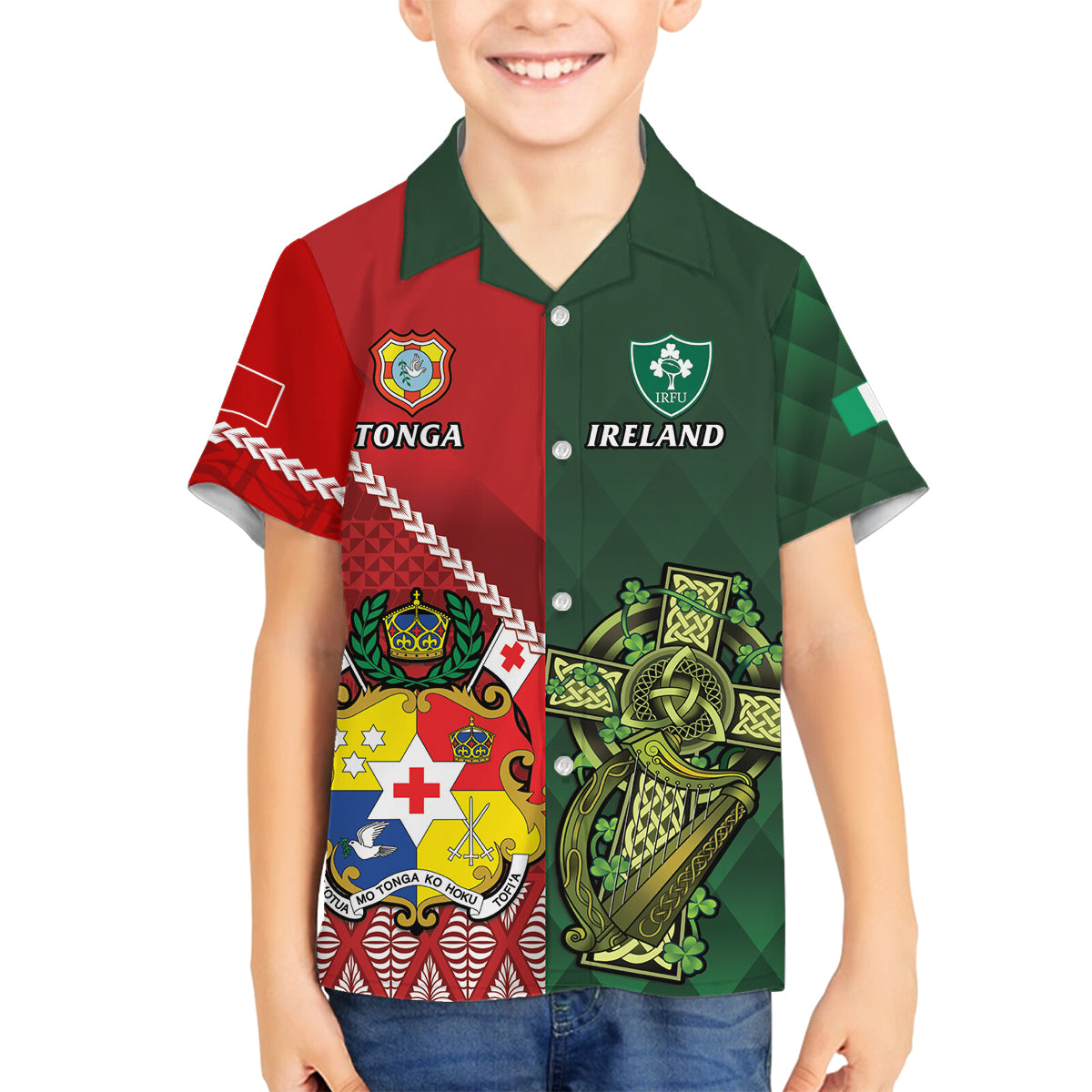 Custom Tonga And Ireland Rugby Family Matching Tank Maxi Dress and Hawaiian Shirt Ikale Tahi With Shamrocks LT14 Son's Shirt Red - Polynesian Pride