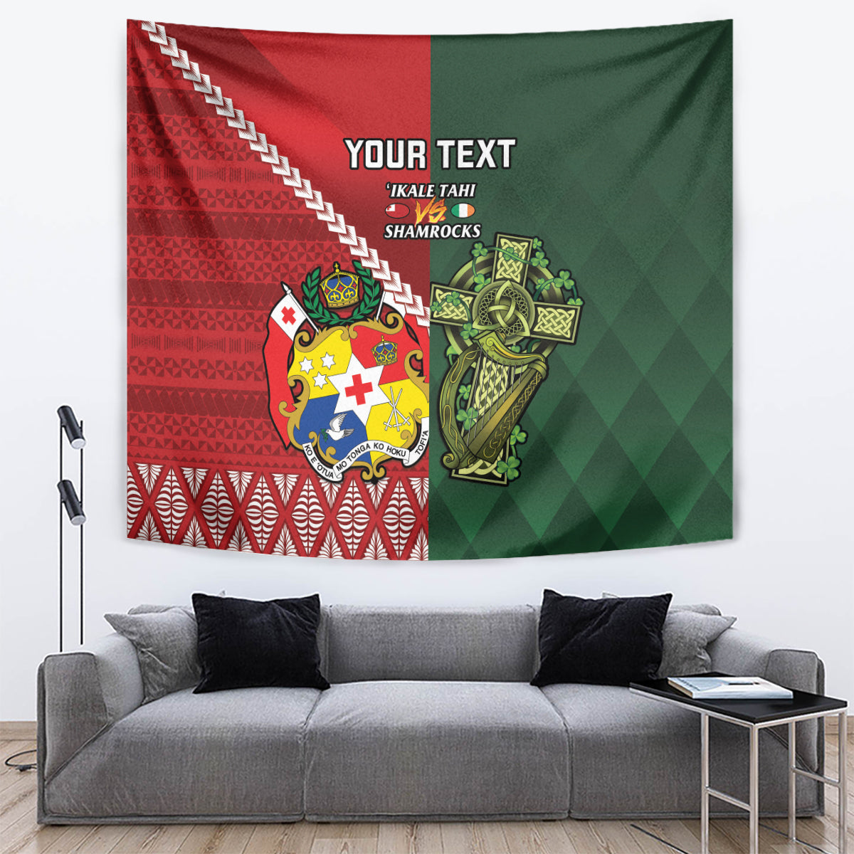 Custom Tonga And Ireland Rugby Tapestry Ikale Tahi With Shamrocks LT14 Red - Polynesian Pride