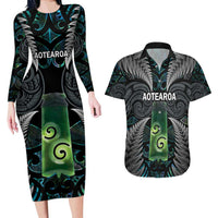 Personalised New Zealand Toki Couples Matching Long Sleeve Bodycon Dress and Hawaiian Shirt Silver Fern Mix Aotearoa Maori Pattern LT14 Black - Polynesian Pride