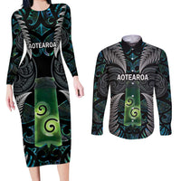 Personalised New Zealand Toki Couples Matching Long Sleeve Bodycon Dress and Long Sleeve Button Shirt Silver Fern Mix Aotearoa Maori Pattern LT14 Black - Polynesian Pride