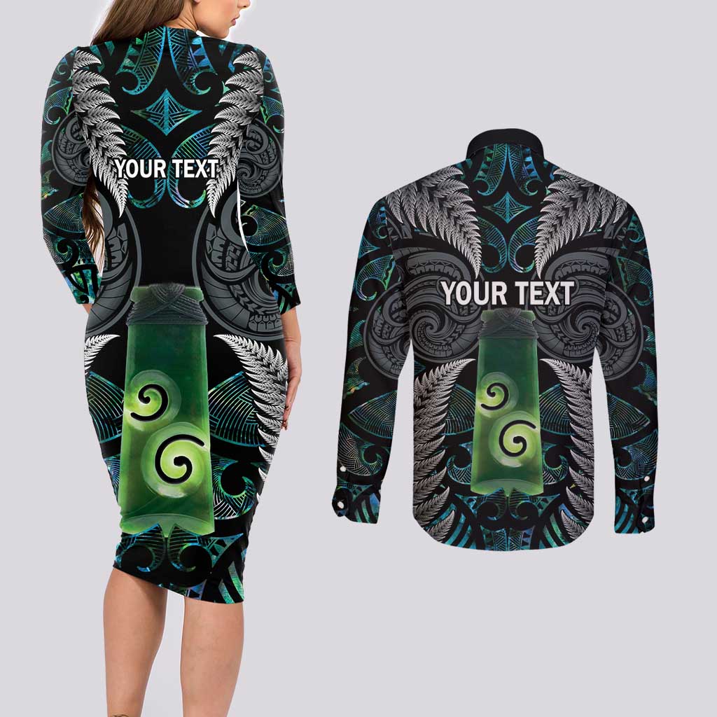Personalised New Zealand Toki Couples Matching Long Sleeve Bodycon Dress and Long Sleeve Button Shirt Silver Fern Mix Aotearoa Maori Pattern LT14 - Polynesian Pride
