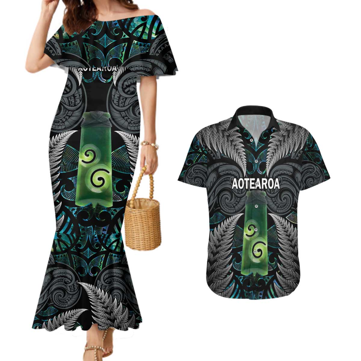Personalised New Zealand Toki Couples Matching Mermaid Dress and Hawaiian Shirt Silver Fern Mix Aotearoa Maori Pattern LT14 Black - Polynesian Pride