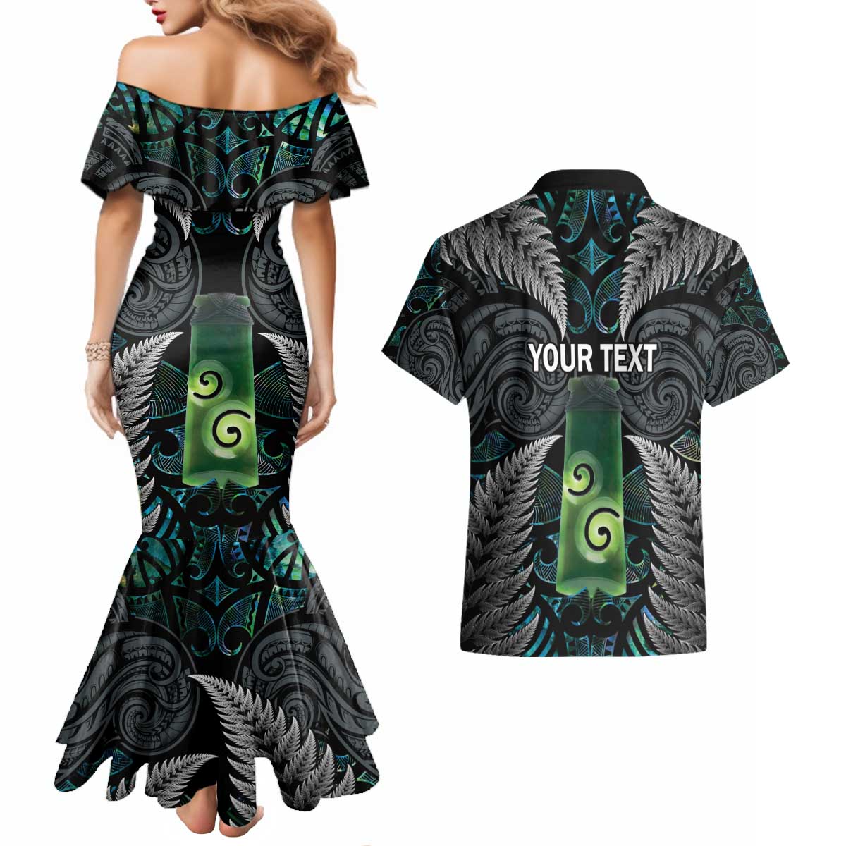 Personalised New Zealand Toki Couples Matching Mermaid Dress and Hawaiian Shirt Silver Fern Mix Aotearoa Maori Pattern LT14 - Polynesian Pride