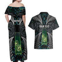Personalised New Zealand Toki Couples Matching Off Shoulder Maxi Dress and Hawaiian Shirt Silver Fern Mix Aotearoa Maori Pattern LT14 - Polynesian Pride