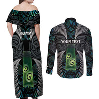 Personalised New Zealand Toki Couples Matching Off Shoulder Maxi Dress and Long Sleeve Button Shirt Silver Fern Mix Aotearoa Maori Pattern LT14 - Polynesian Pride