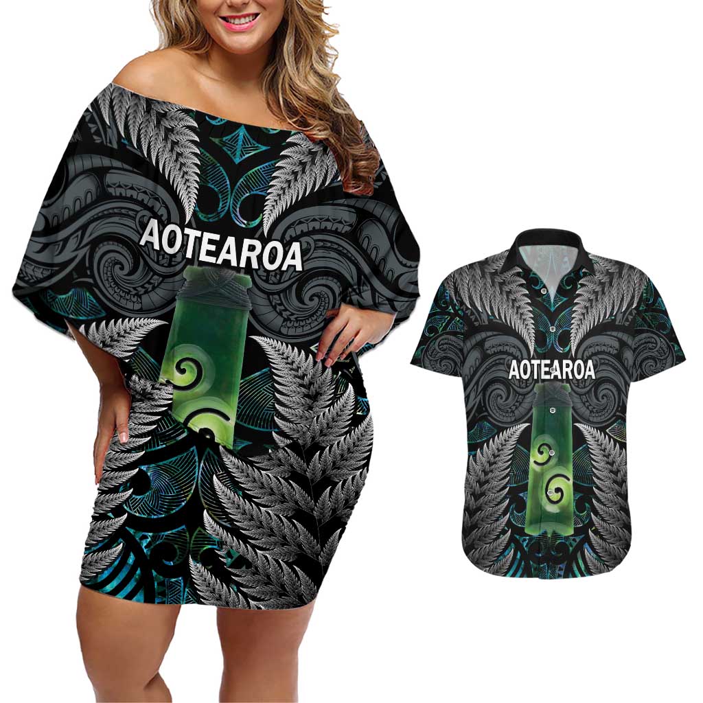 Personalised New Zealand Toki Couples Matching Off Shoulder Short Dress and Hawaiian Shirt Silver Fern Mix Aotearoa Maori Pattern LT14 Black - Polynesian Pride