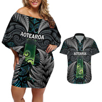 Personalised New Zealand Toki Couples Matching Off Shoulder Short Dress and Hawaiian Shirt Silver Fern Mix Aotearoa Maori Pattern LT14 Black - Polynesian Pride