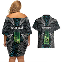 Personalised New Zealand Toki Couples Matching Off Shoulder Short Dress and Hawaiian Shirt Silver Fern Mix Aotearoa Maori Pattern LT14 - Polynesian Pride
