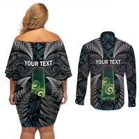 Personalised New Zealand Toki Couples Matching Off Shoulder Short Dress and Long Sleeve Button Shirt Silver Fern Mix Aotearoa Maori Pattern LT14 - Polynesian Pride