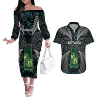Personalised New Zealand Toki Couples Matching Off The Shoulder Long Sleeve Dress and Hawaiian Shirt Silver Fern Mix Aotearoa Maori Pattern LT14 Black - Polynesian Pride