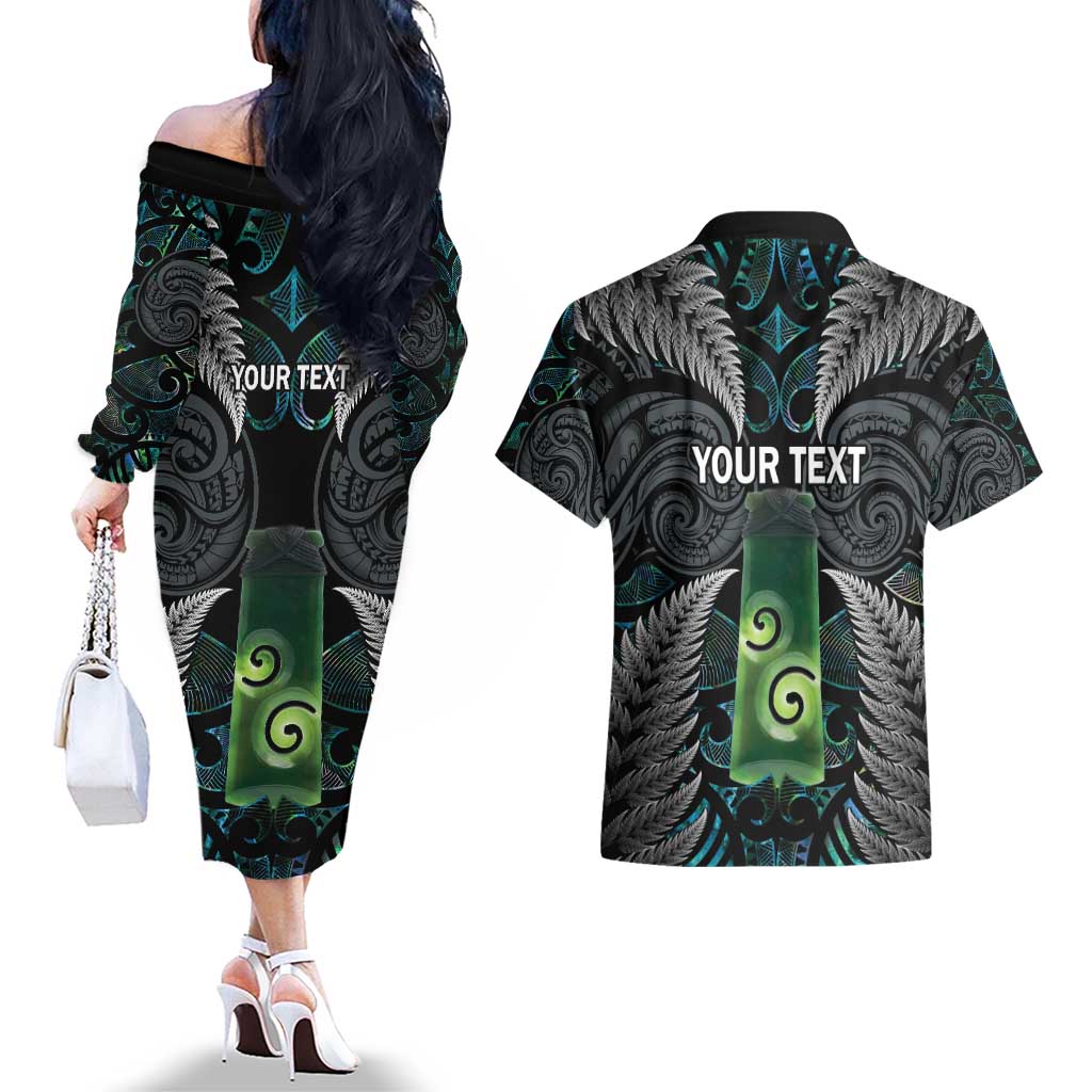 Personalised New Zealand Toki Couples Matching Off The Shoulder Long Sleeve Dress and Hawaiian Shirt Silver Fern Mix Aotearoa Maori Pattern LT14 - Polynesian Pride