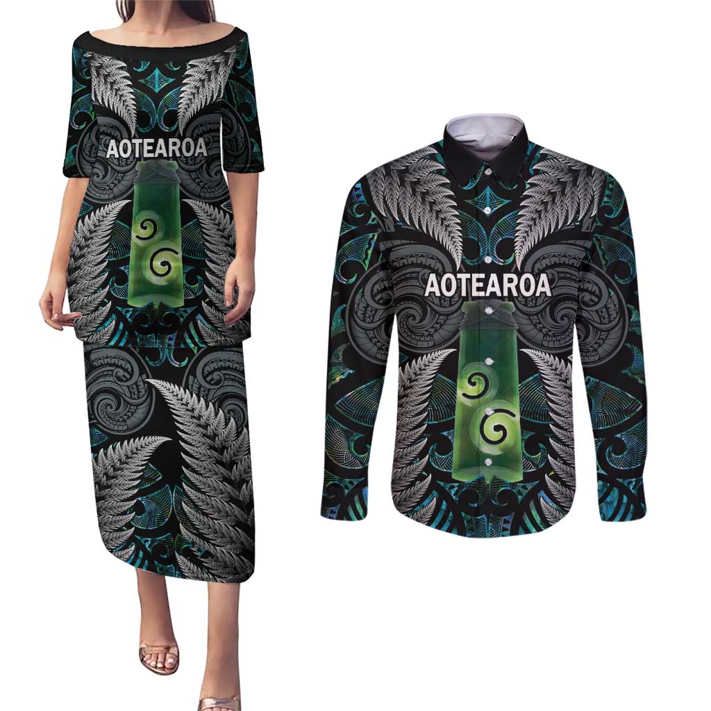 Personalised New Zealand Toki Couples Matching Puletasi and Long Sleeve Button Shirt Silver Fern Mix Aotearoa Maori Pattern LT14 Black - Polynesian Pride