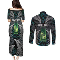 Personalised New Zealand Toki Couples Matching Puletasi and Long Sleeve Button Shirt Silver Fern Mix Aotearoa Maori Pattern LT14 - Polynesian Pride