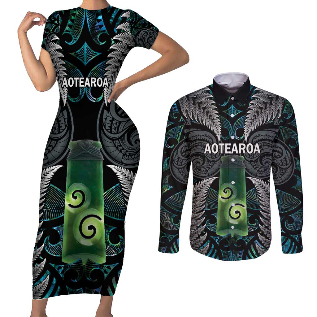 Personalised New Zealand Toki Couples Matching Short Sleeve Bodycon Dress and Long Sleeve Button Shirt Silver Fern Mix Aotearoa Maori Pattern LT14 Black - Polynesian Pride