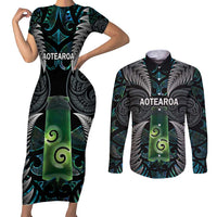 Personalised New Zealand Toki Couples Matching Short Sleeve Bodycon Dress and Long Sleeve Button Shirt Silver Fern Mix Aotearoa Maori Pattern LT14 Black - Polynesian Pride