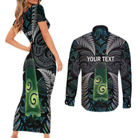 Personalised New Zealand Toki Couples Matching Short Sleeve Bodycon Dress and Long Sleeve Button Shirt Silver Fern Mix Aotearoa Maori Pattern LT14 - Polynesian Pride