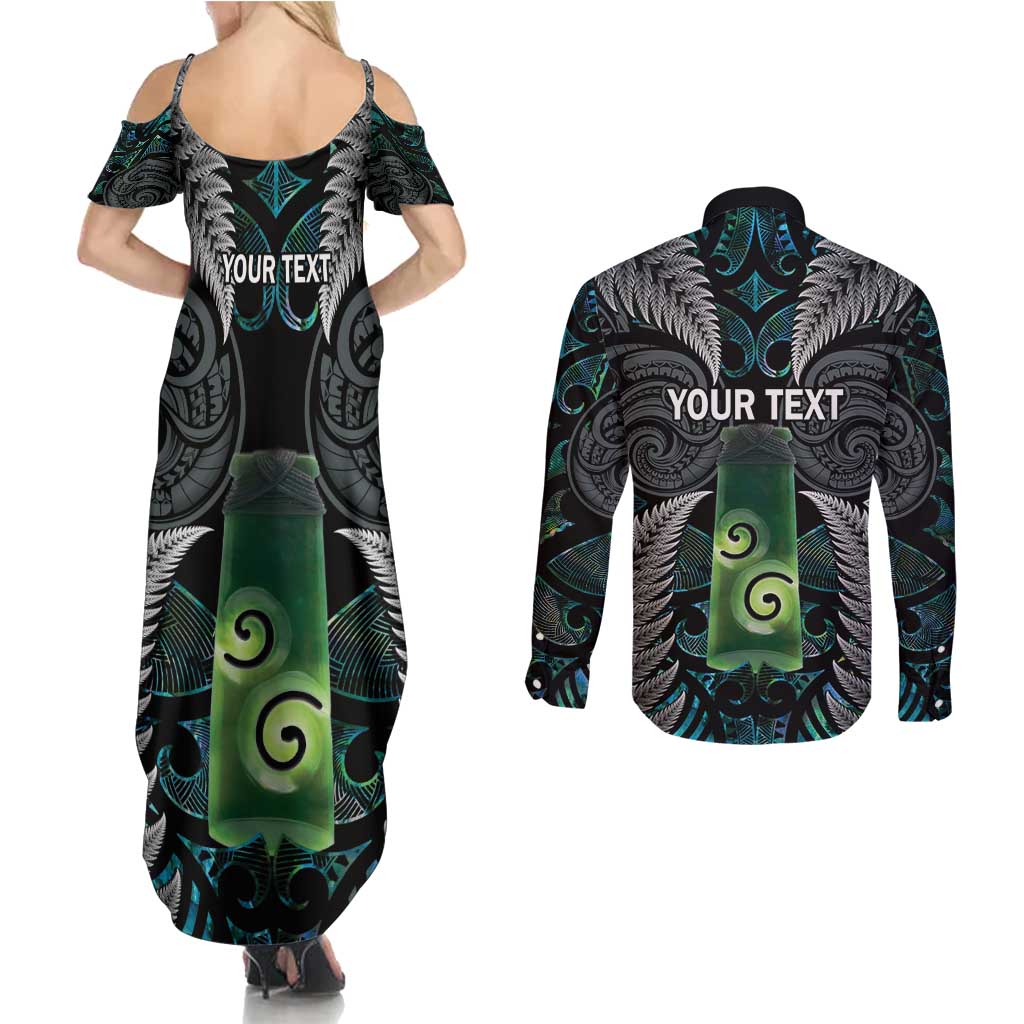 Personalised New Zealand Toki Couples Matching Summer Maxi Dress and Long Sleeve Button Shirt Silver Fern Mix Aotearoa Maori Pattern LT14 - Polynesian Pride