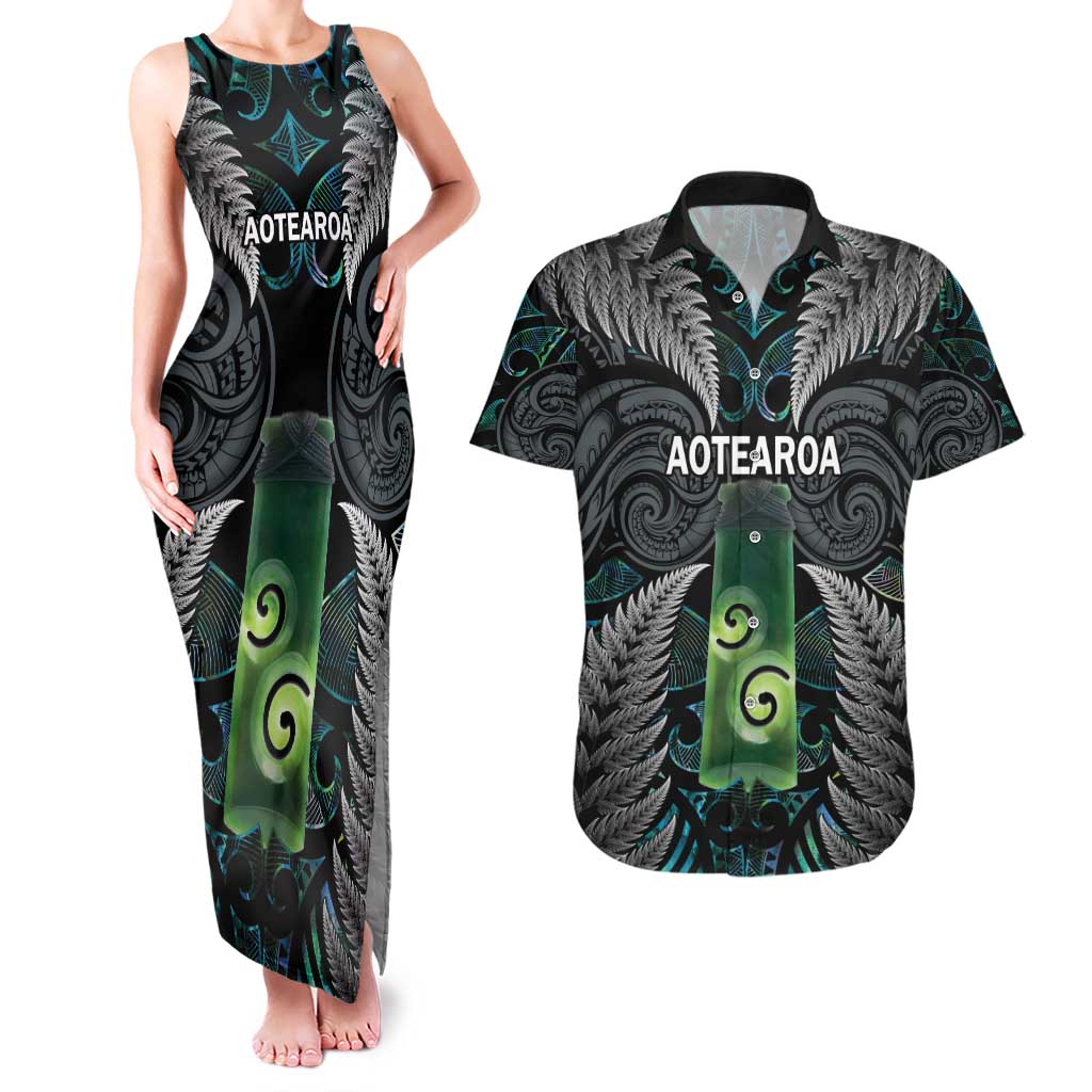 Personalised New Zealand Toki Couples Matching Tank Maxi Dress and Hawaiian Shirt Silver Fern Mix Aotearoa Maori Pattern LT14 Black - Polynesian Pride