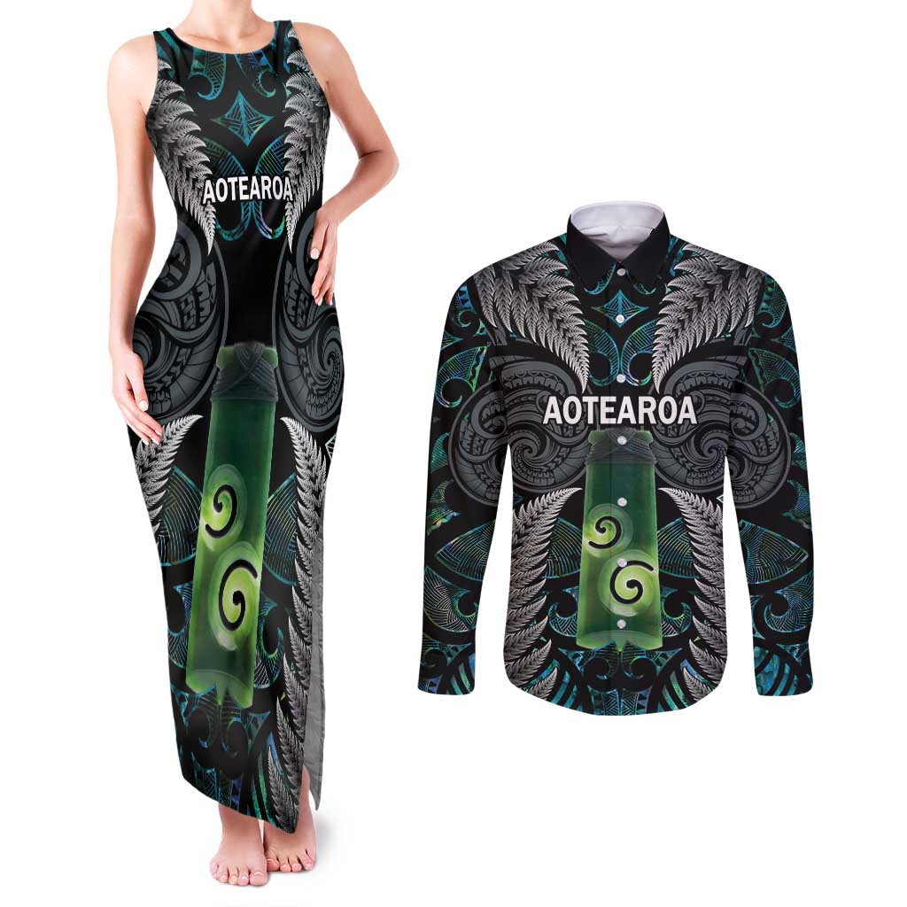 Personalised New Zealand Toki Couples Matching Tank Maxi Dress and Long Sleeve Button Shirt Silver Fern Mix Aotearoa Maori Pattern LT14 Black - Polynesian Pride