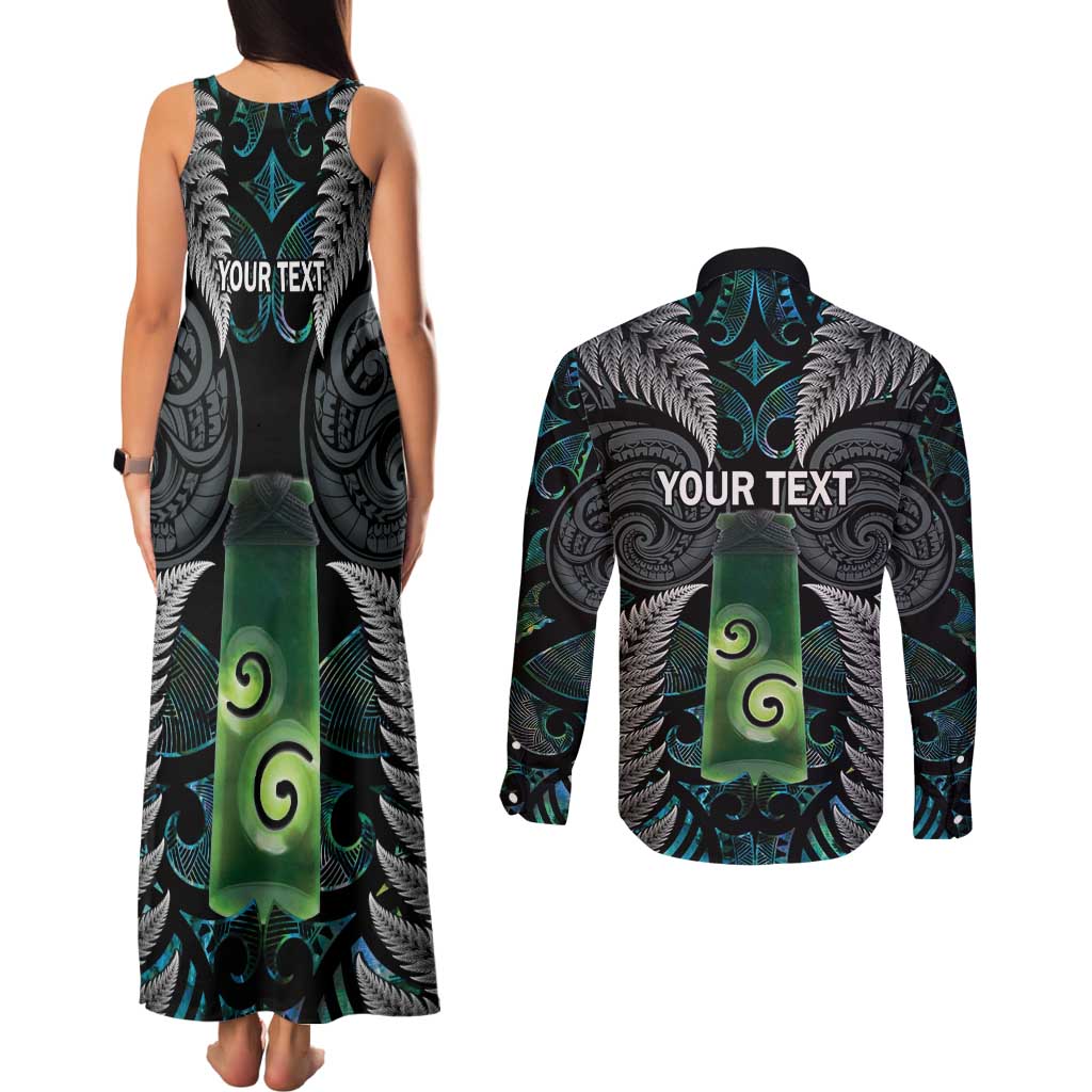 Personalised New Zealand Toki Couples Matching Tank Maxi Dress and Long Sleeve Button Shirt Silver Fern Mix Aotearoa Maori Pattern LT14 - Polynesian Pride