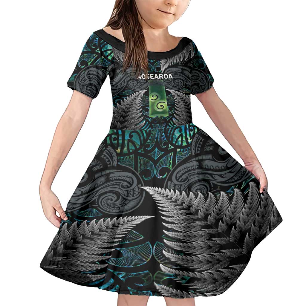 Personalised New Zealand Toki Family Matching Mermaid Dress and Hawaiian Shirt Silver Fern Mix Aotearoa Maori Pattern LT14 Daughter's Dress Black - Polynesian Pride