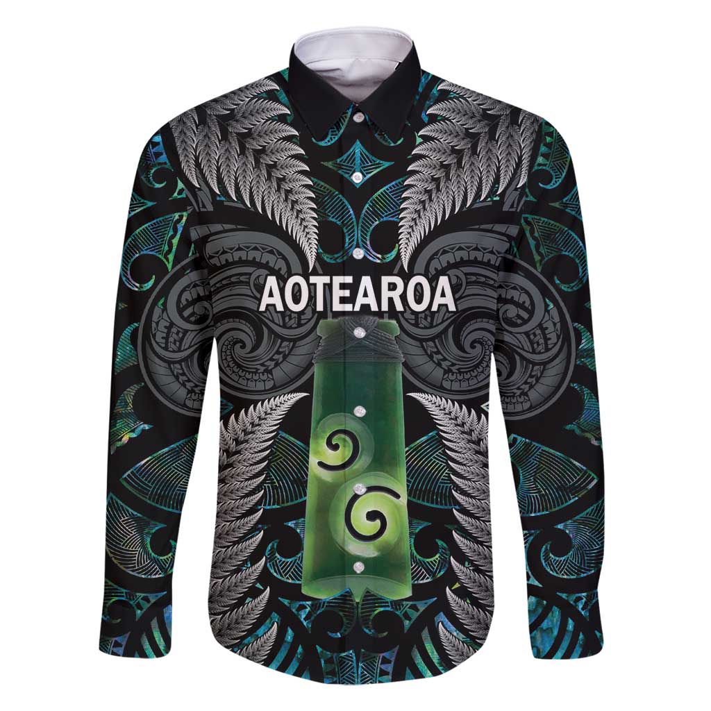 Personalised New Zealand Toki Family Matching Mermaid Dress and Hawaiian Shirt Silver Fern Mix Aotearoa Maori Pattern LT14 Dad's Shirt - Long Sleeve Black - Polynesian Pride