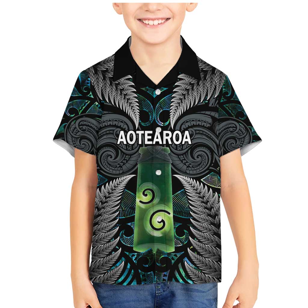 Personalised New Zealand Toki Family Matching Mermaid Dress and Hawaiian Shirt Silver Fern Mix Aotearoa Maori Pattern LT14 Son's Shirt Black - Polynesian Pride
