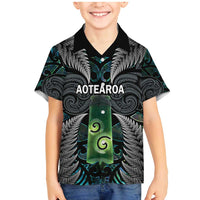 Personalised New Zealand Toki Family Matching Mermaid Dress and Hawaiian Shirt Silver Fern Mix Aotearoa Maori Pattern LT14 Son's Shirt Black - Polynesian Pride