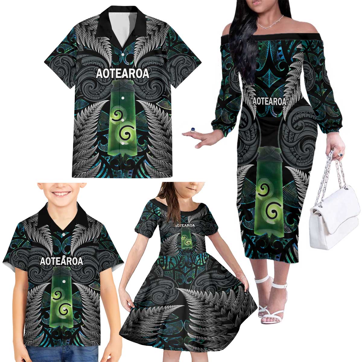 Personalised New Zealand Toki Family Matching Off The Shoulder Long Sleeve Dress and Hawaiian Shirt Silver Fern Mix Aotearoa Maori Pattern LT14 - Polynesian Pride