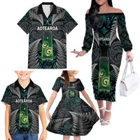 Personalised New Zealand Toki Family Matching Off The Shoulder Long Sleeve Dress and Hawaiian Shirt Silver Fern Mix Aotearoa Maori Pattern LT14 - Polynesian Pride