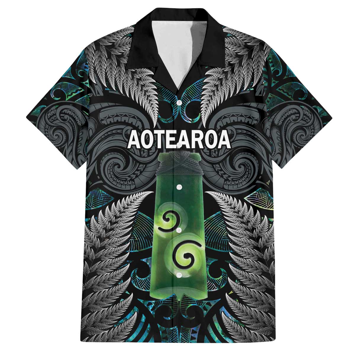 Personalised New Zealand Toki Family Matching Off The Shoulder Long Sleeve Dress and Hawaiian Shirt Silver Fern Mix Aotearoa Maori Pattern LT14 Dad's Shirt - Short Sleeve Black - Polynesian Pride