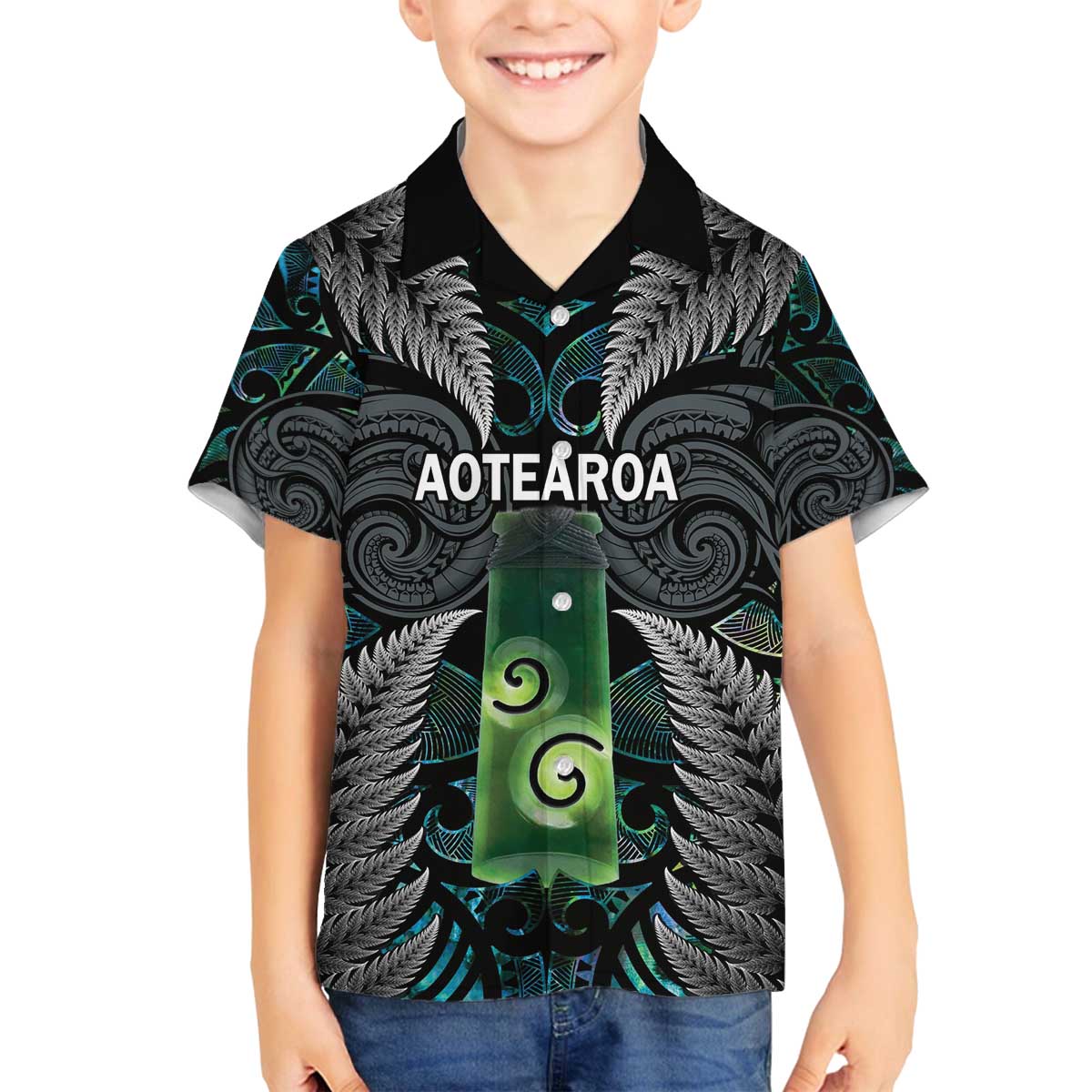 Personalised New Zealand Toki Family Matching Off The Shoulder Long Sleeve Dress and Hawaiian Shirt Silver Fern Mix Aotearoa Maori Pattern LT14 Son's Shirt Black - Polynesian Pride