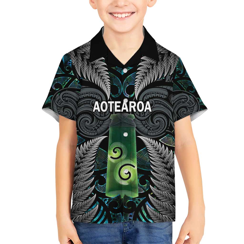 Personalised New Zealand Toki Family Matching Off Shoulder Maxi Dress and Hawaiian Shirt Silver Fern Mix Aotearoa Maori Pattern LT14 Son's Shirt Black - Polynesian Pride