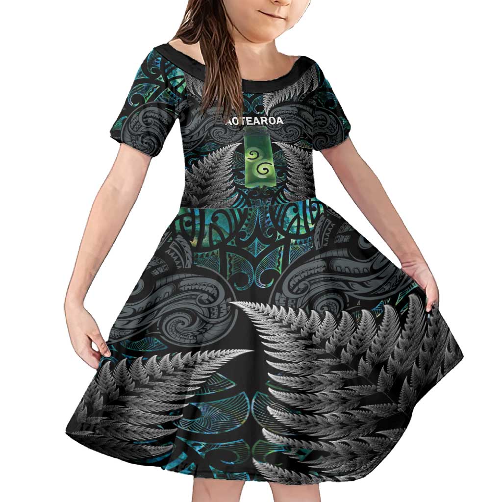 Personalised New Zealand Toki Family Matching Off Shoulder Short Dress and Hawaiian Shirt Silver Fern Mix Aotearoa Maori Pattern LT14 Daughter's Dress Black - Polynesian Pride