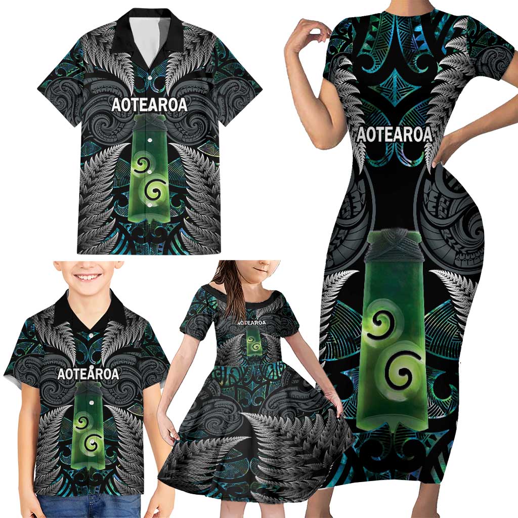 Personalised New Zealand Toki Family Matching Short Sleeve Bodycon Dress and Hawaiian Shirt Silver Fern Mix Aotearoa Maori Pattern LT14 - Polynesian Pride