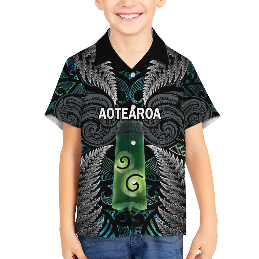 Personalised New Zealand Toki Family Matching Short Sleeve Bodycon Dress and Hawaiian Shirt Silver Fern Mix Aotearoa Maori Pattern LT14 Son's Shirt Black - Polynesian Pride