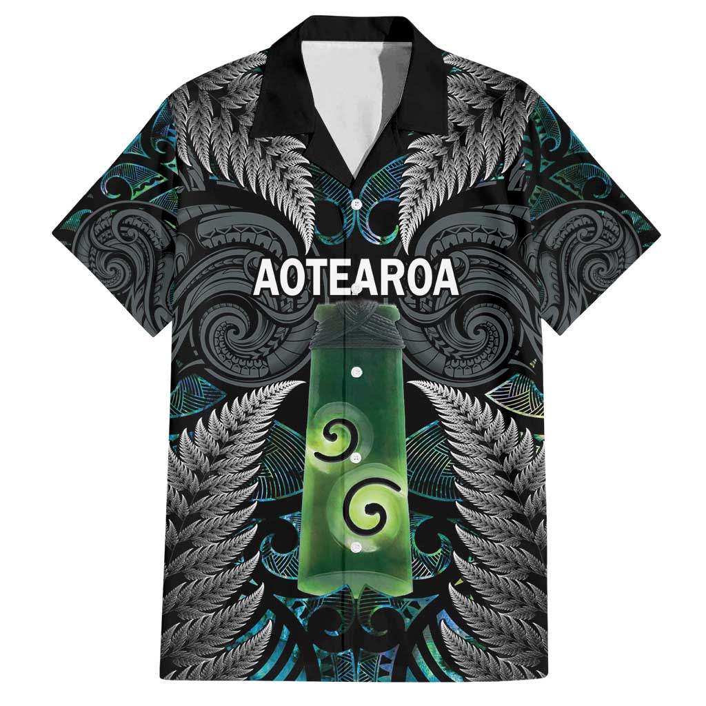 Personalised New Zealand Toki Family Matching Summer Maxi Dress and Hawaiian Shirt Silver Fern Mix Aotearoa Maori Pattern LT14 Dad's Shirt - Short Sleeve Black - Polynesian Pride