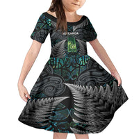 Personalised New Zealand Toki Family Matching Tank Maxi Dress and Hawaiian Shirt Silver Fern Mix Aotearoa Maori Pattern LT14 Daughter's Dress Black - Polynesian Pride